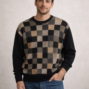 Men's XL 2 Ply 100% Cashmere Graphic Square Black Tan Gray Crew Neck Sweater